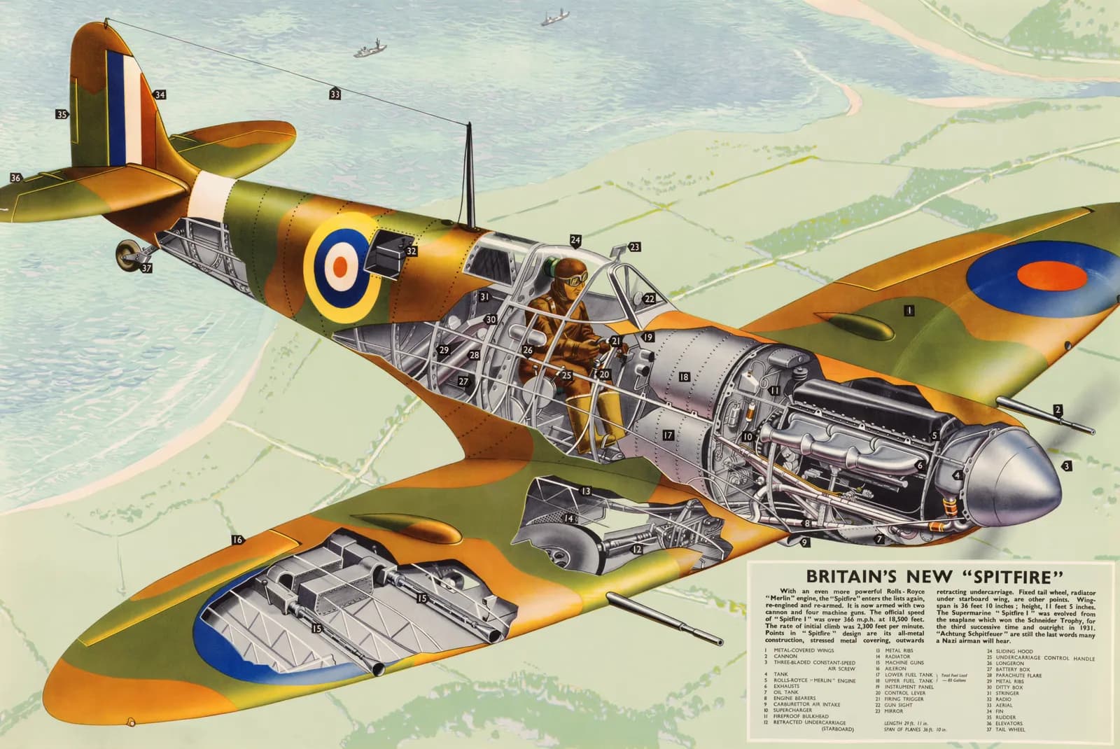 A detailed cross-section illustration of the British Spitfire aircraft, showing its internal components and a pilot in the cockpit, set against a background of land and sea.